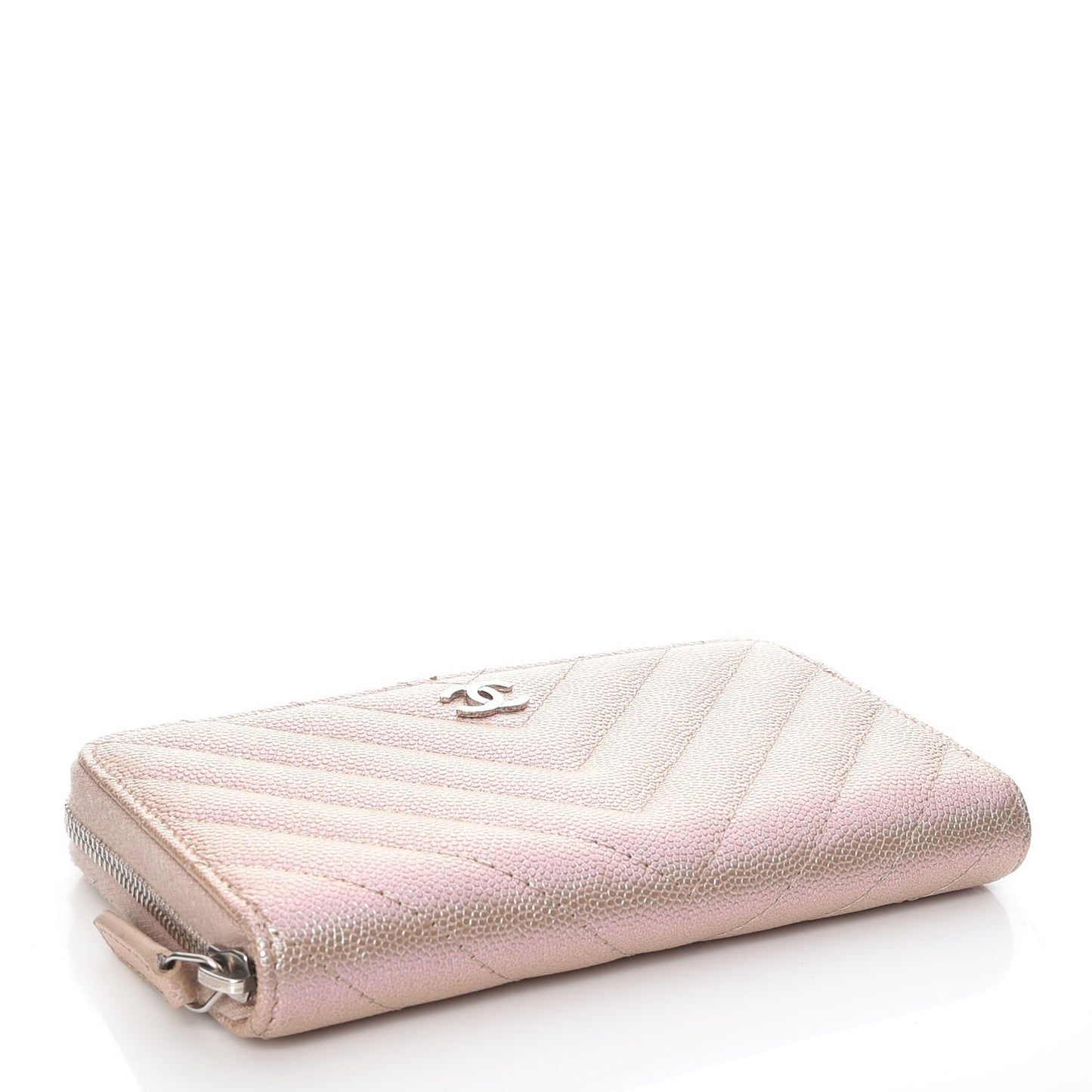 Metallic Caviar Chevron Quilted Small Zip Around Wallet Light Gold