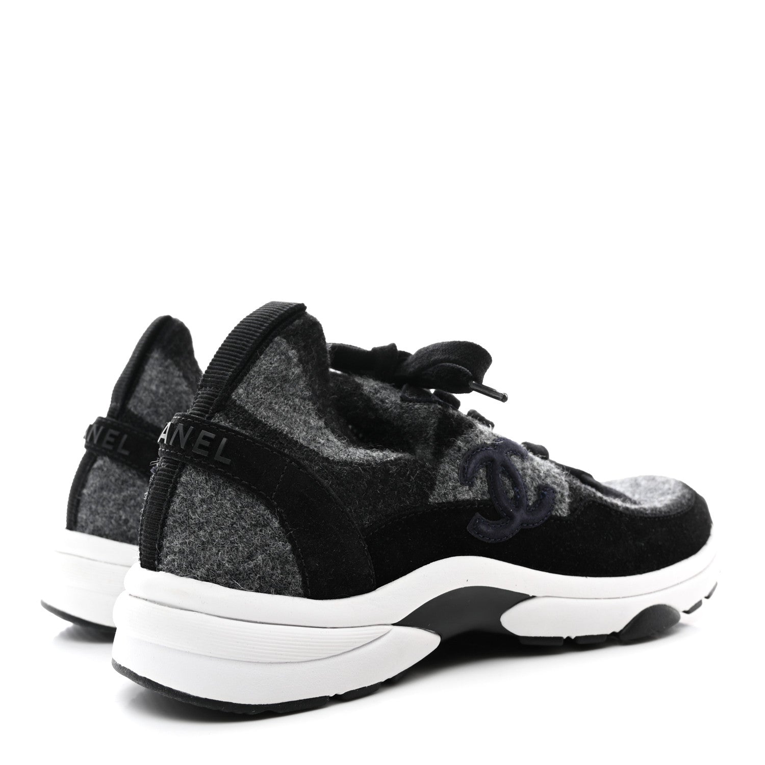 Chanel Knit Fabric Suede Calfskin Womens CC Sneakers 37 Grey Black 4 of 9