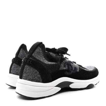 Chanel Knit Fabric Suede Calfskin Womens CC Sneakers 37 Grey Black 4 of 9