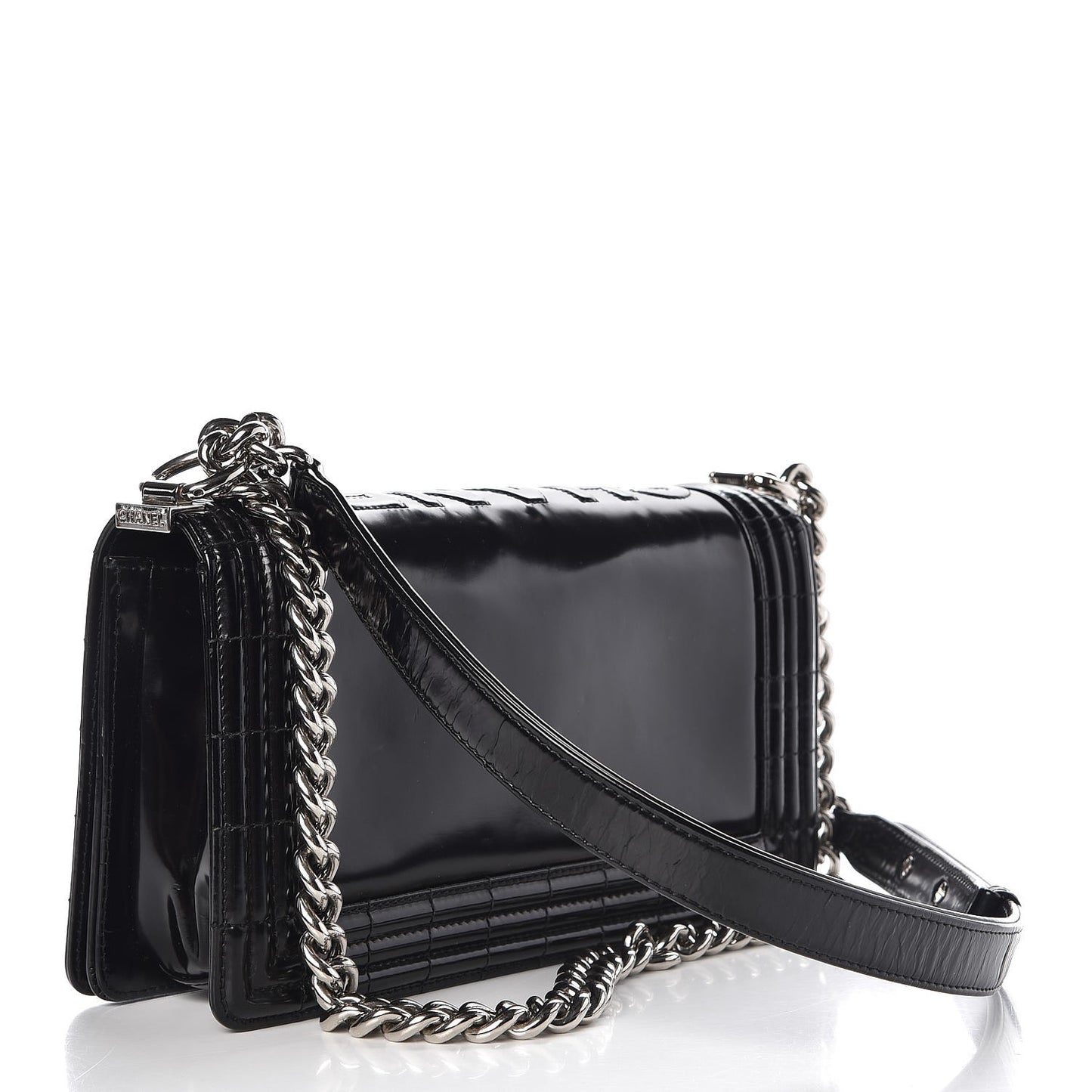 Glazed Calfskin Medium Boy Flap Black