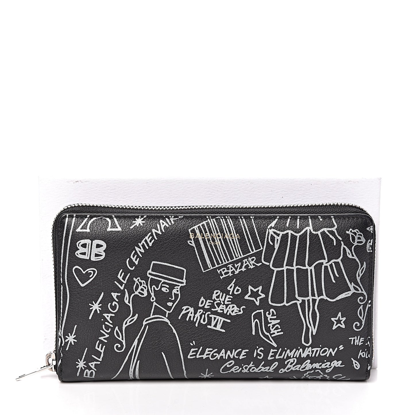 Calfskin Classic Silver Hardware Printed Tattoo Everyday Continental Zip Around Wallet Black