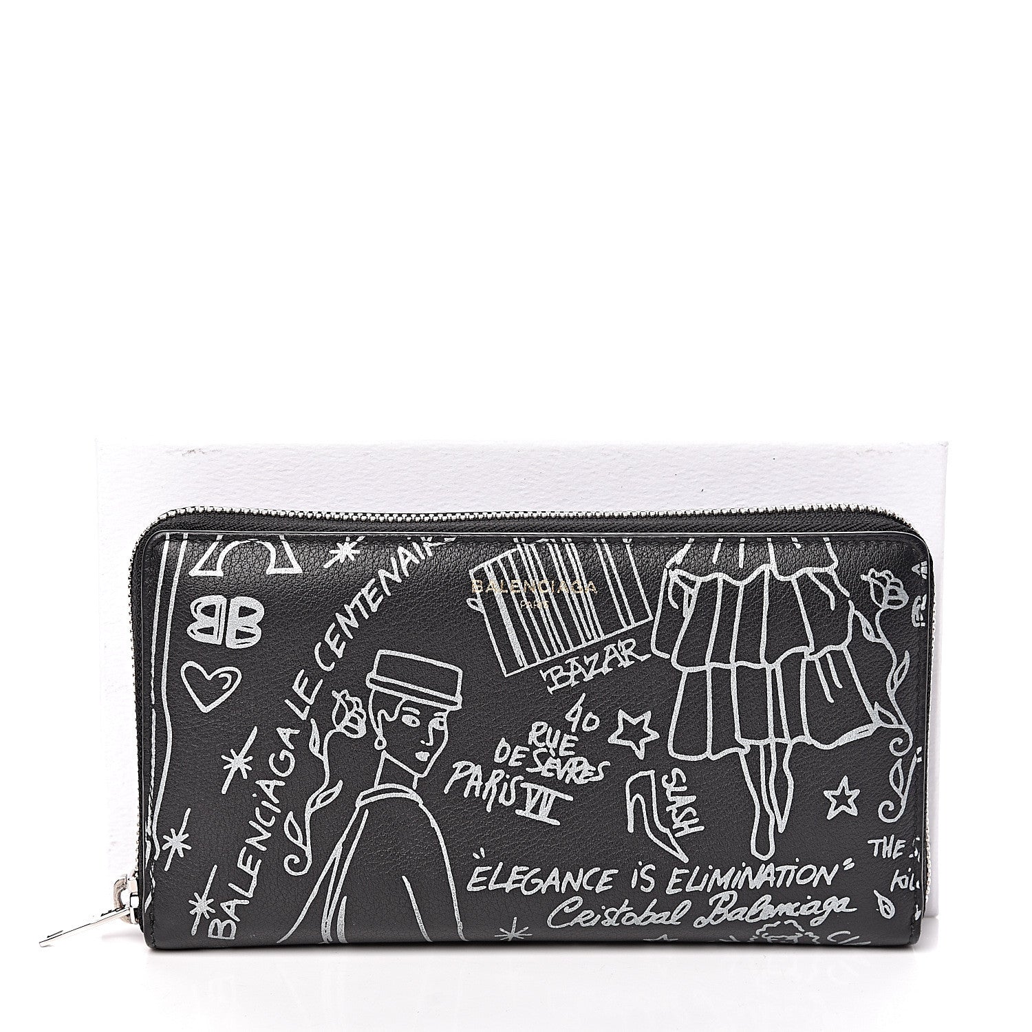 Balenciaga Calfskin Classic Silver Hardware Printed Tattoo Everyday Continental Zip Around Wallet Black 7 of 7