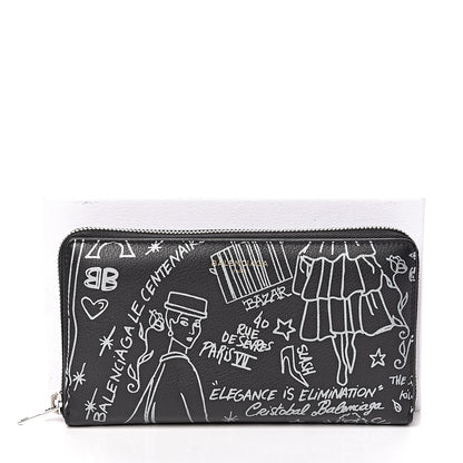 Balenciaga Calfskin Classic Silver Hardware Printed Tattoo Everyday Continental Zip Around Wallet Black 7 of 7