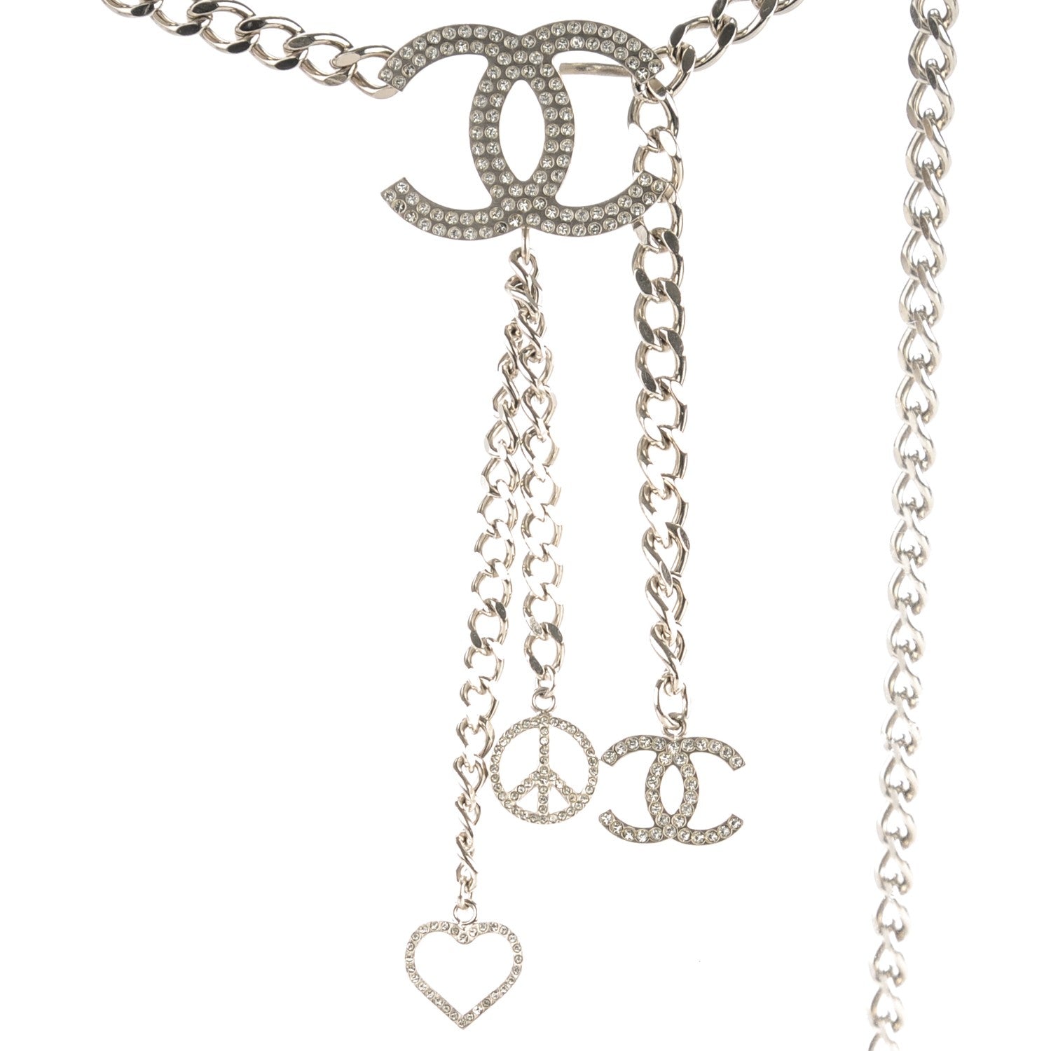 Chanel Crystal CC Heart Peace Sign Charm Belt Silver 3 of 4