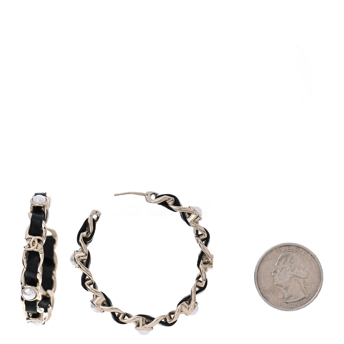 Lambskin Pearl More Is More CC Chain Hoop Earrings Gold Black