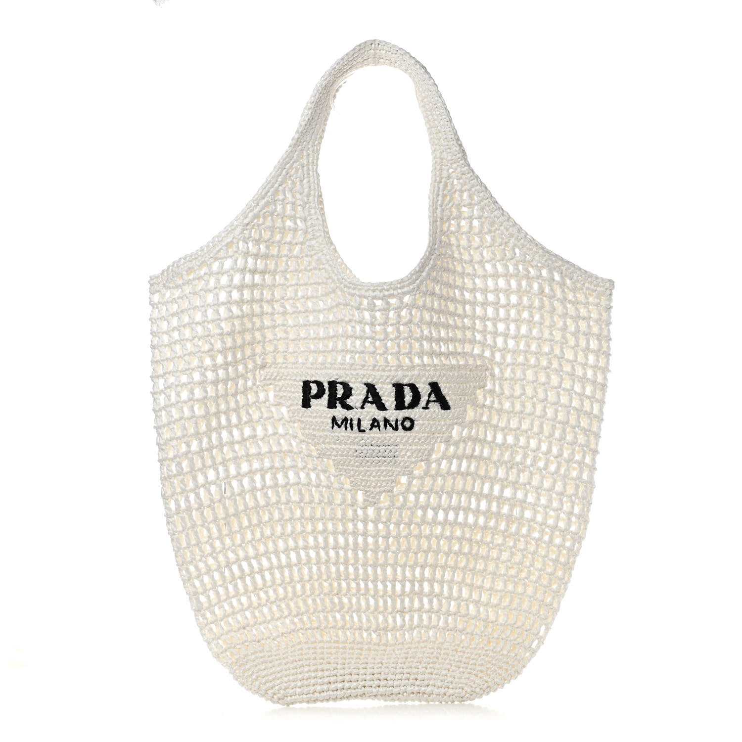 Prada Yarn Raffia Effect Crochet Logo Embroidered Shopping Tote Bag White 1 of 10