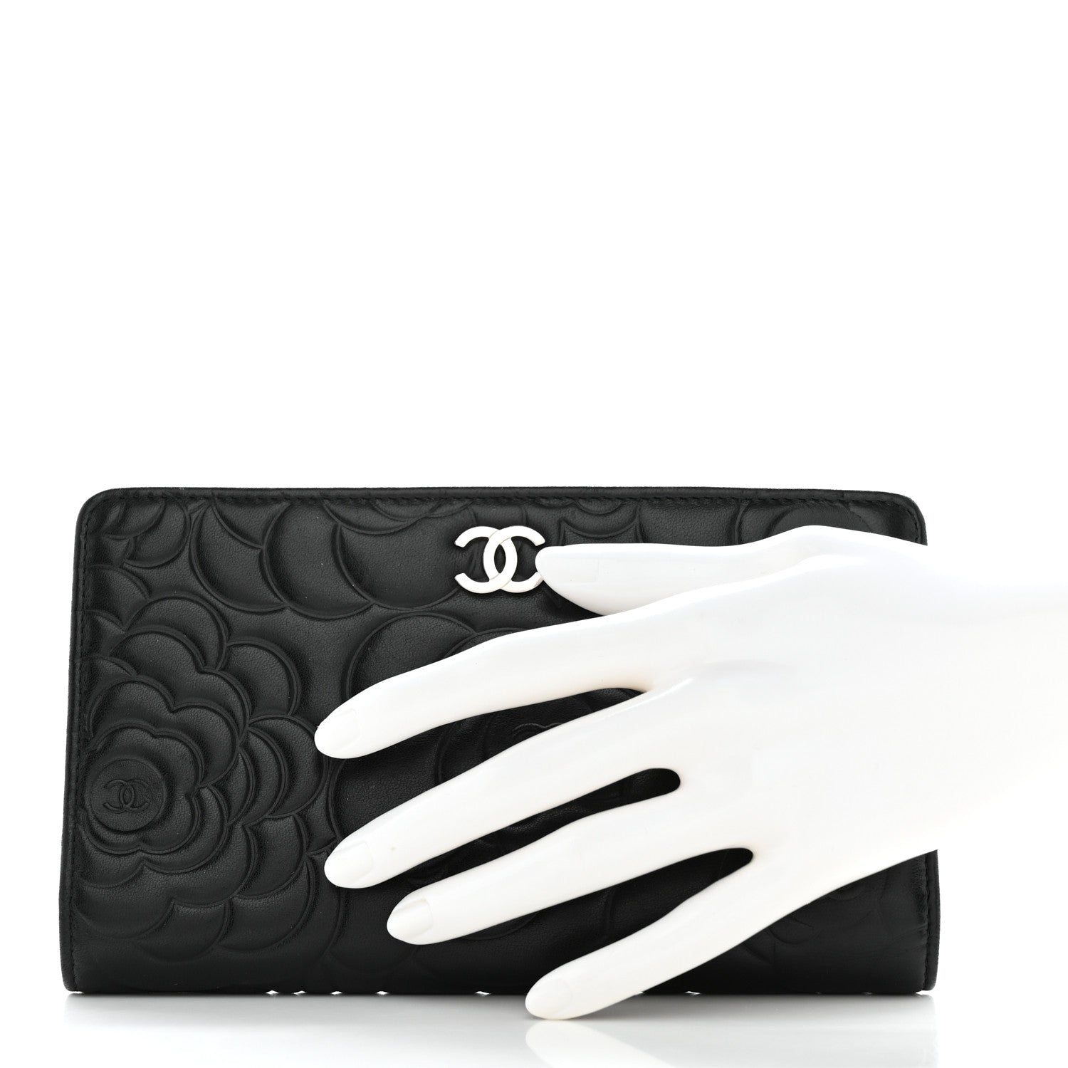 Chanel Lambskin Camellia Embossed Yen Wallet Black 2 of 13