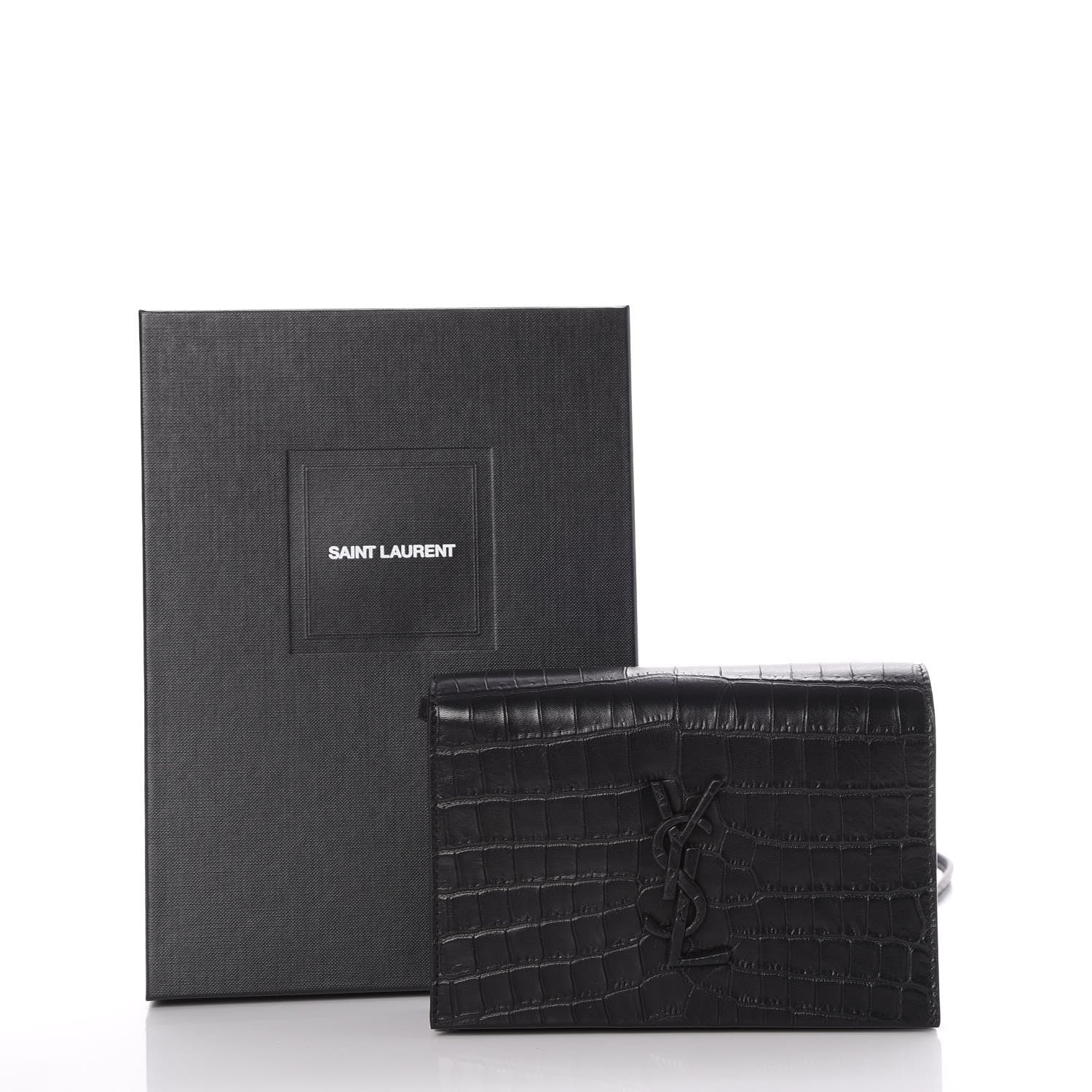 Saint Laurent Calfskin Crocodile Embossed Monogram Toy Kate Strap Wallet Black 13 of 13