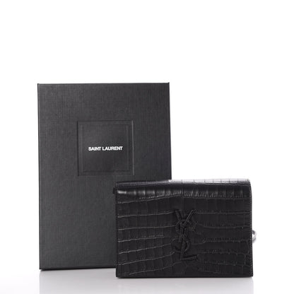 Saint Laurent Calfskin Crocodile Embossed Monogram Toy Kate Strap Wallet Black 13 of 13