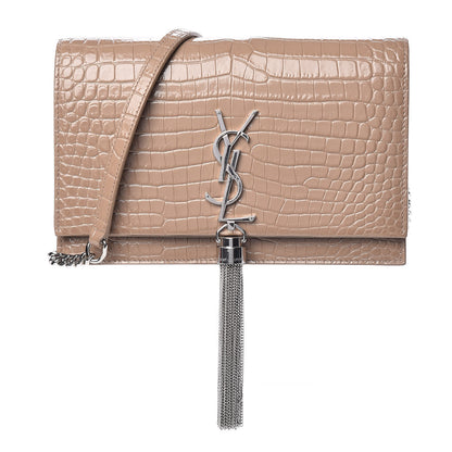 Saint Laurent Calfskin Crocodile Embossed Kate Monogram Tassel Chain Wallet Taupe 1 of 12