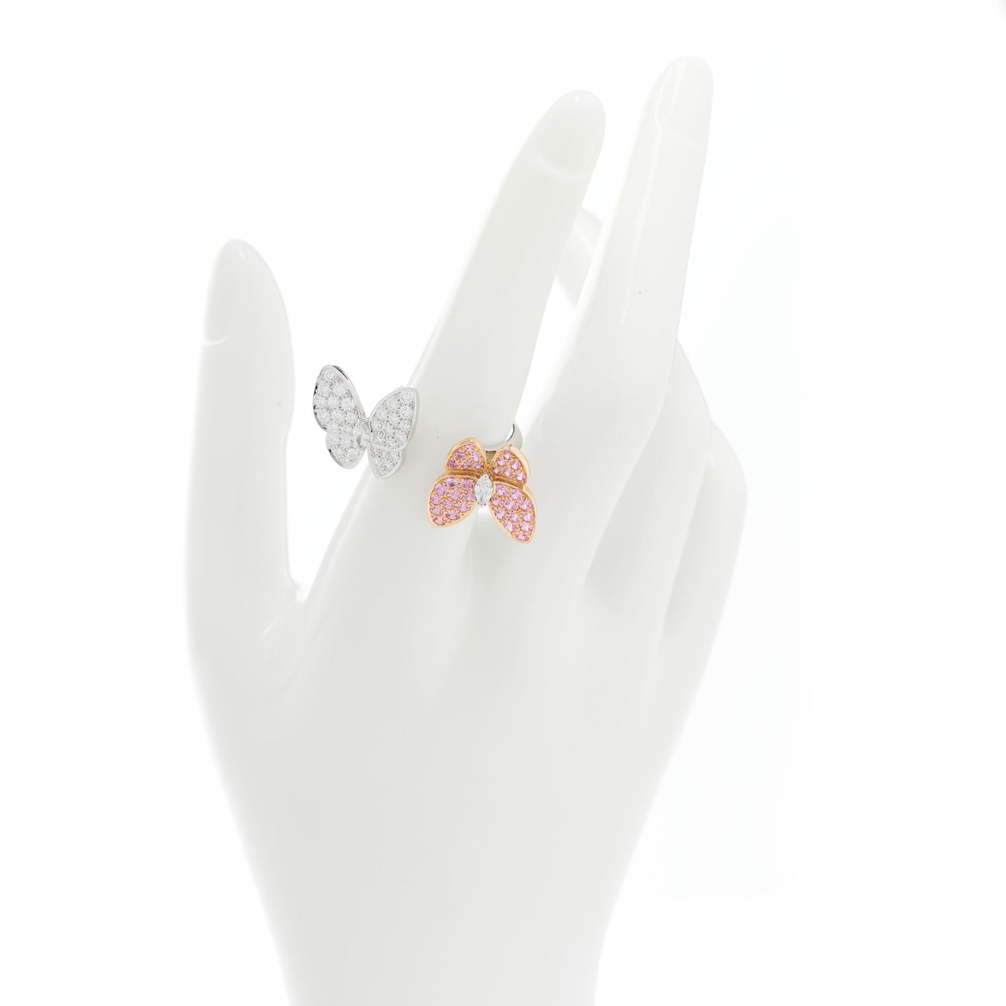 18K White Rose Gold Diamond Pink Sapphire Two Butterfly Between The Finger Ring 55 7.25