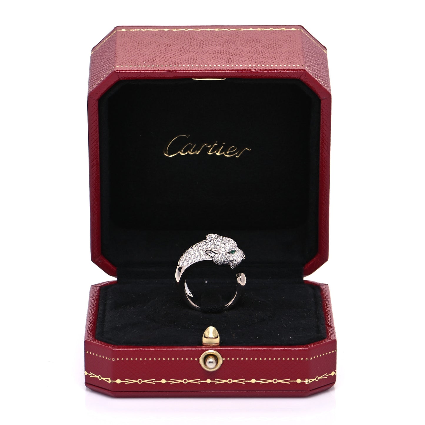 18K White Gold Diamond Black Onyx Emerald Panthere De Cartier Ring 50 5.25