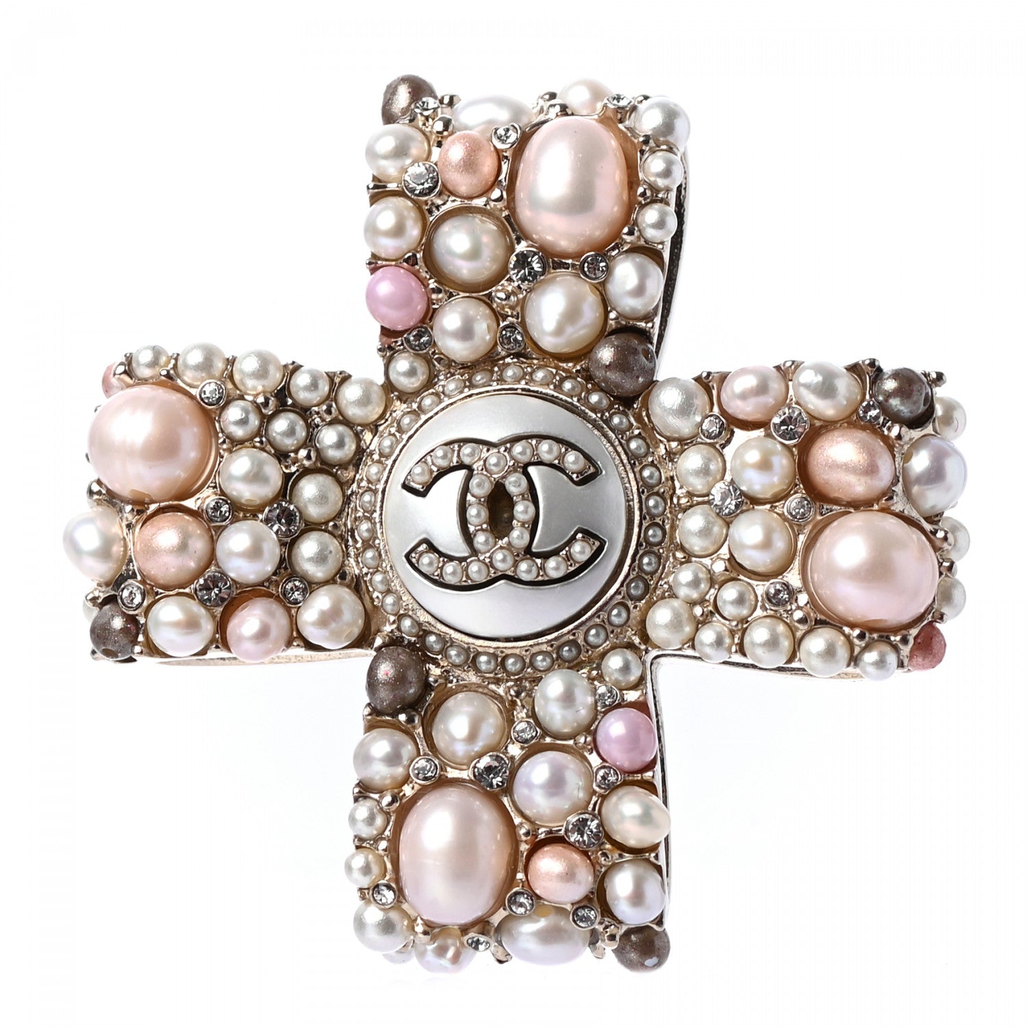 Chanel Pearl Crystal CC Cross Brooch Light Gold Pink 1 of 4