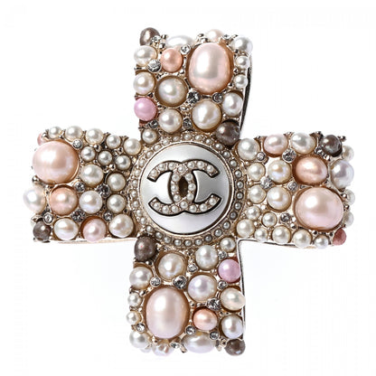 Chanel Pearl Crystal CC Cross Brooch Light Gold Pink 1 of 4