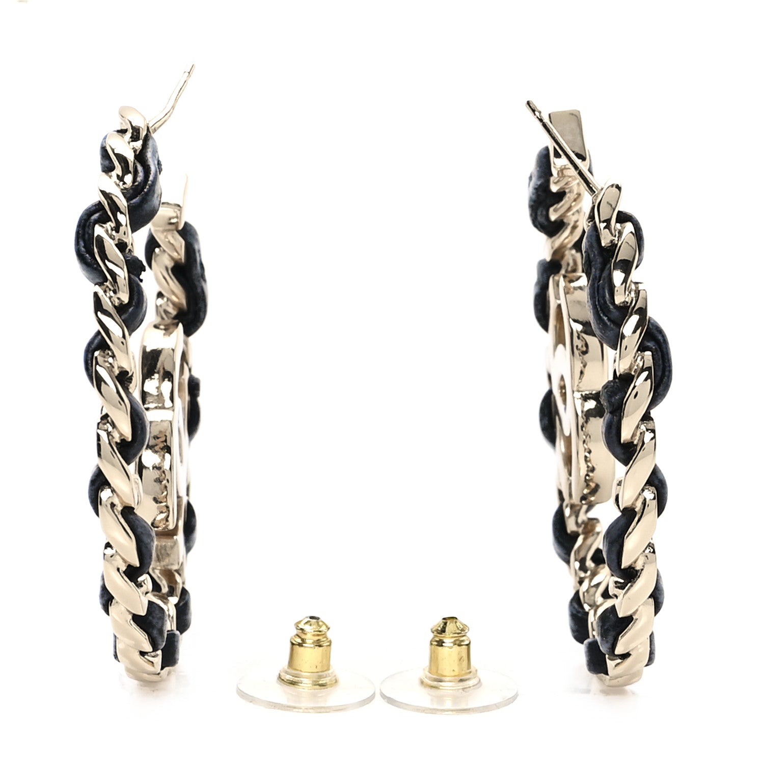 Chanel Metal Lambskin Quilted CC Chain Hoop Earrings Gold Black 3 of 6