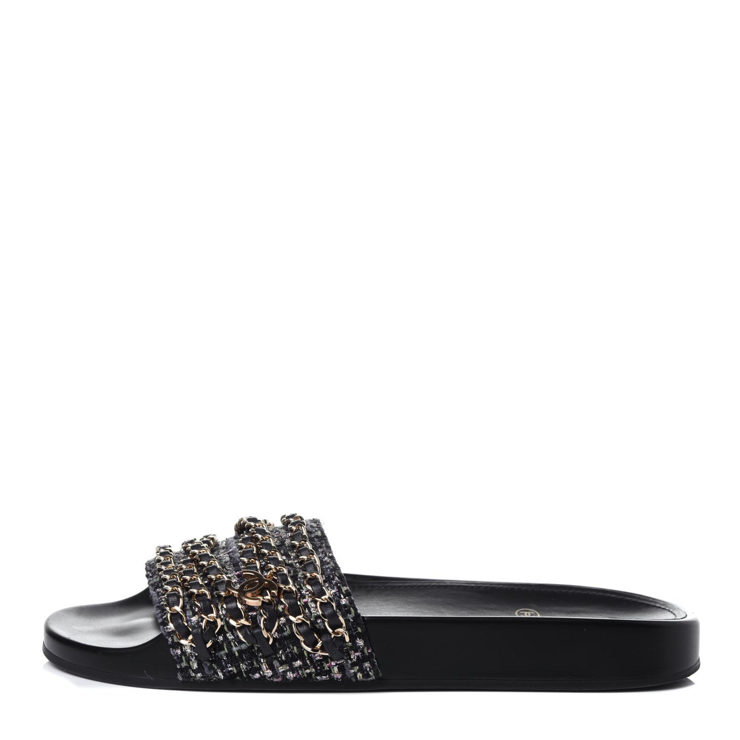 Tweed Lambskin Chain Flat Sandals 39 Black Multicolor
