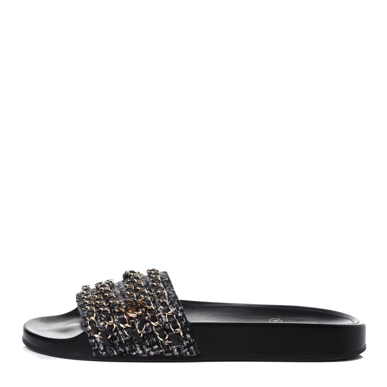 Chanel Tweed Lambskin Chain Flat Sandals 39 Black Multicolor 1 of 11