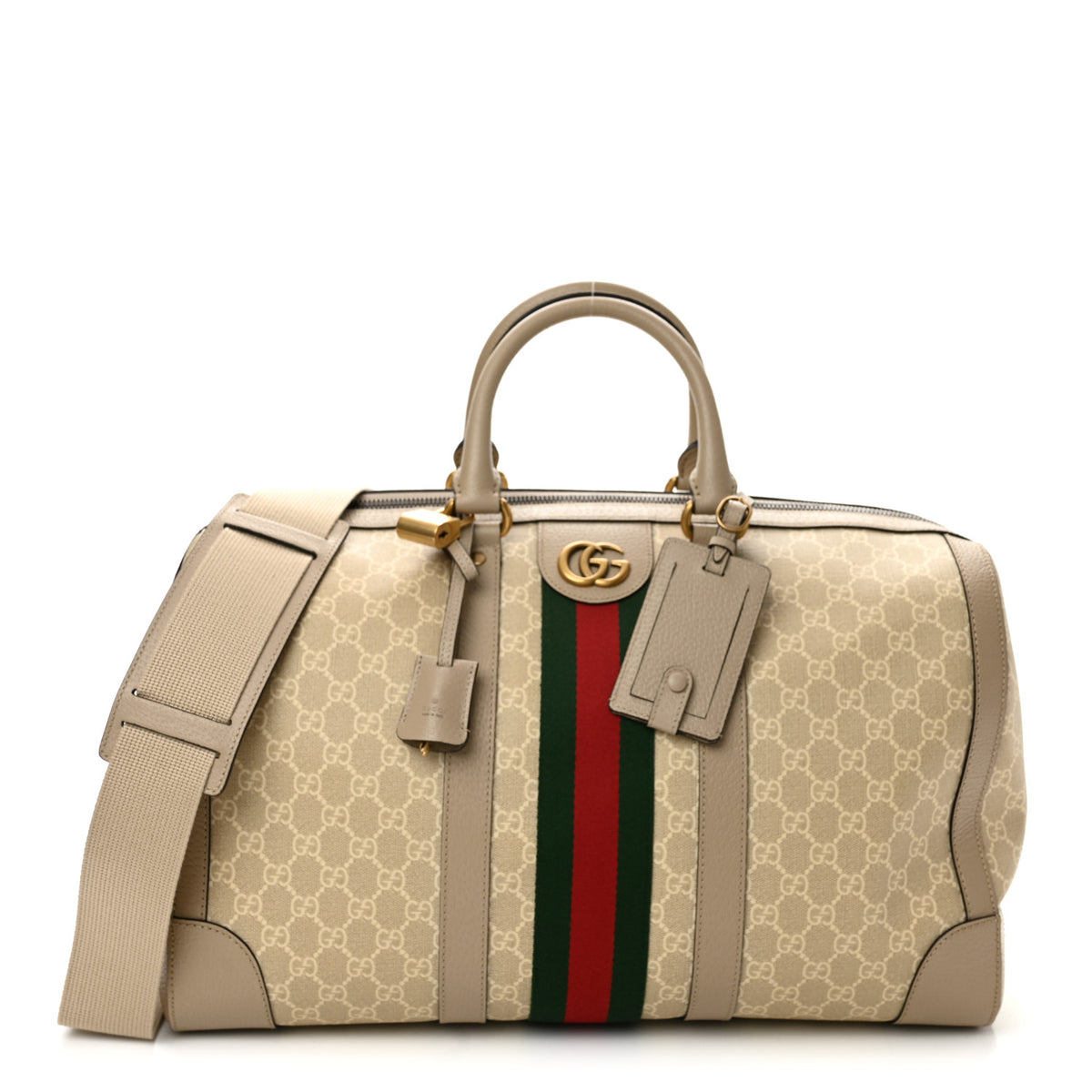 GG Supreme Monogram Textured Dollar Calfskin Web Medium Savoy Duffle Bag Beige Mystic White Oatmeal