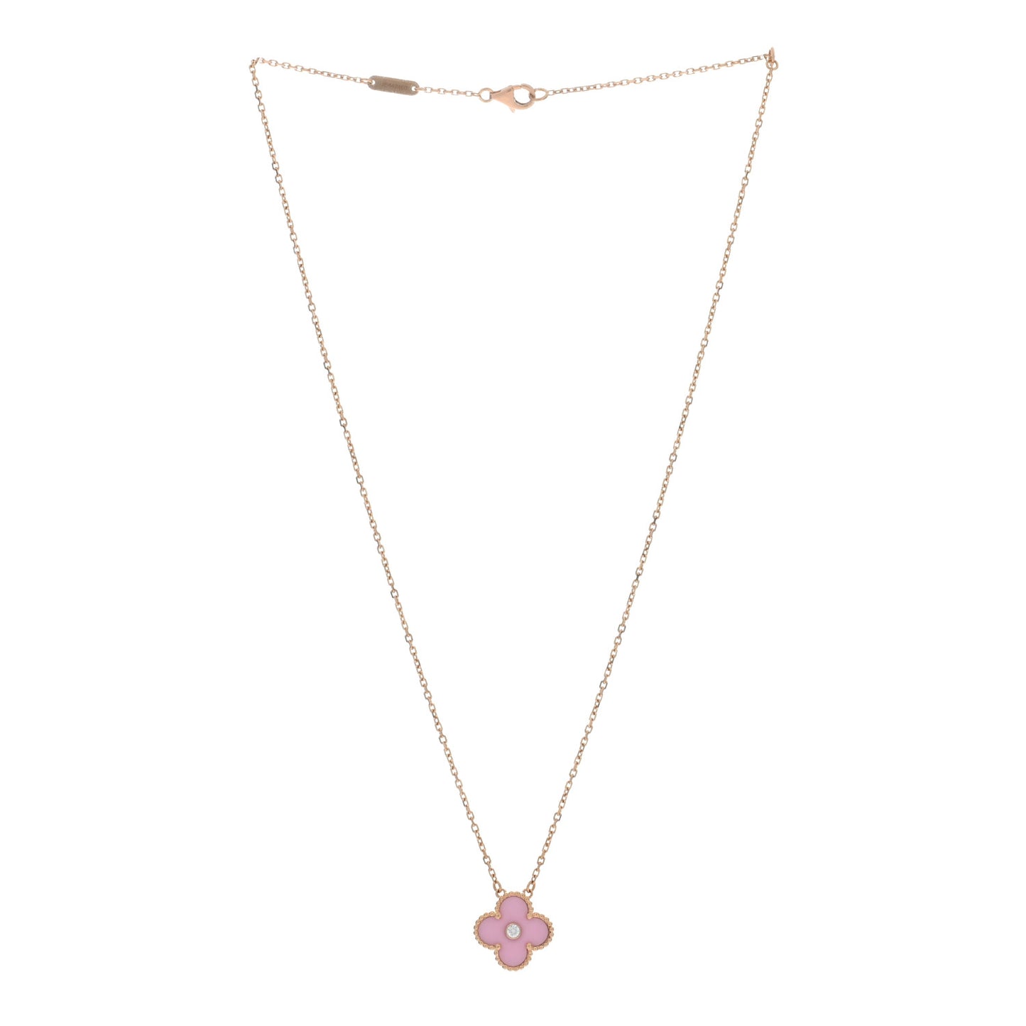18K Rose Gold Diamond Pink Porcelain Vintage Alhambra Pendant Necklace