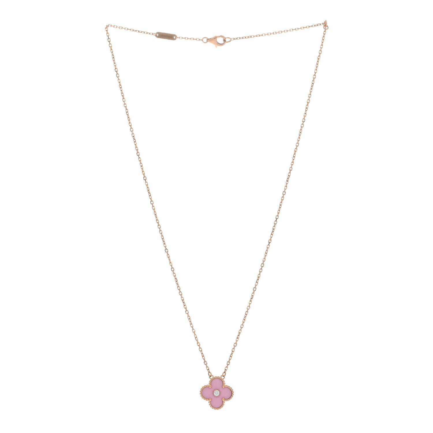 Van Cleef & Arpels 18K Rose Gold Diamond Pink Porcelain Vintage Alhambra Pendant Necklace 3 of 4