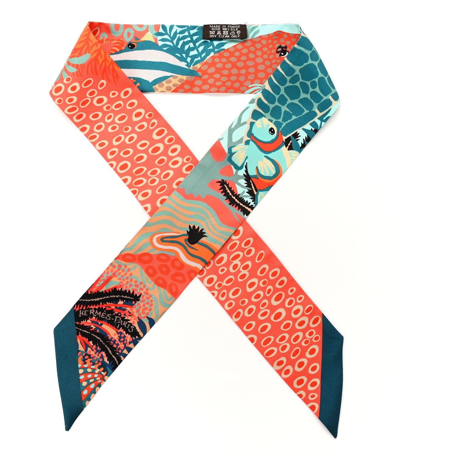 Hermes Silk Under The Waves Twilly Petrole Orange Beige 1 of 4