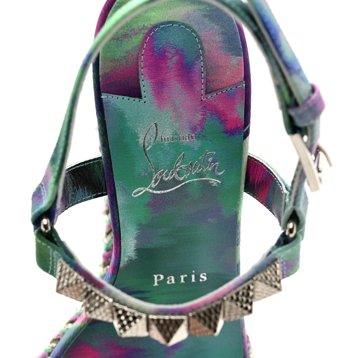 Silk Spike Studded Watercolor Pyraclou 110 Wedge Sandals 38 Green Fuschia