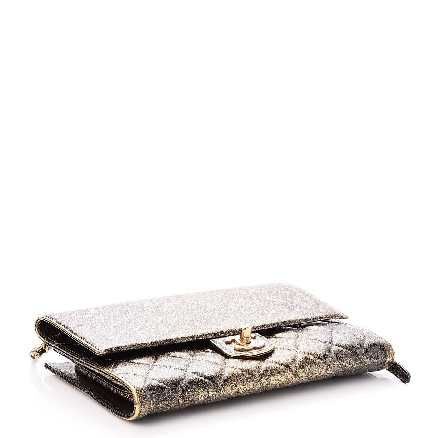 Cracked Metallic Calfskin Quilted Zip Away Chain Clutch Gold