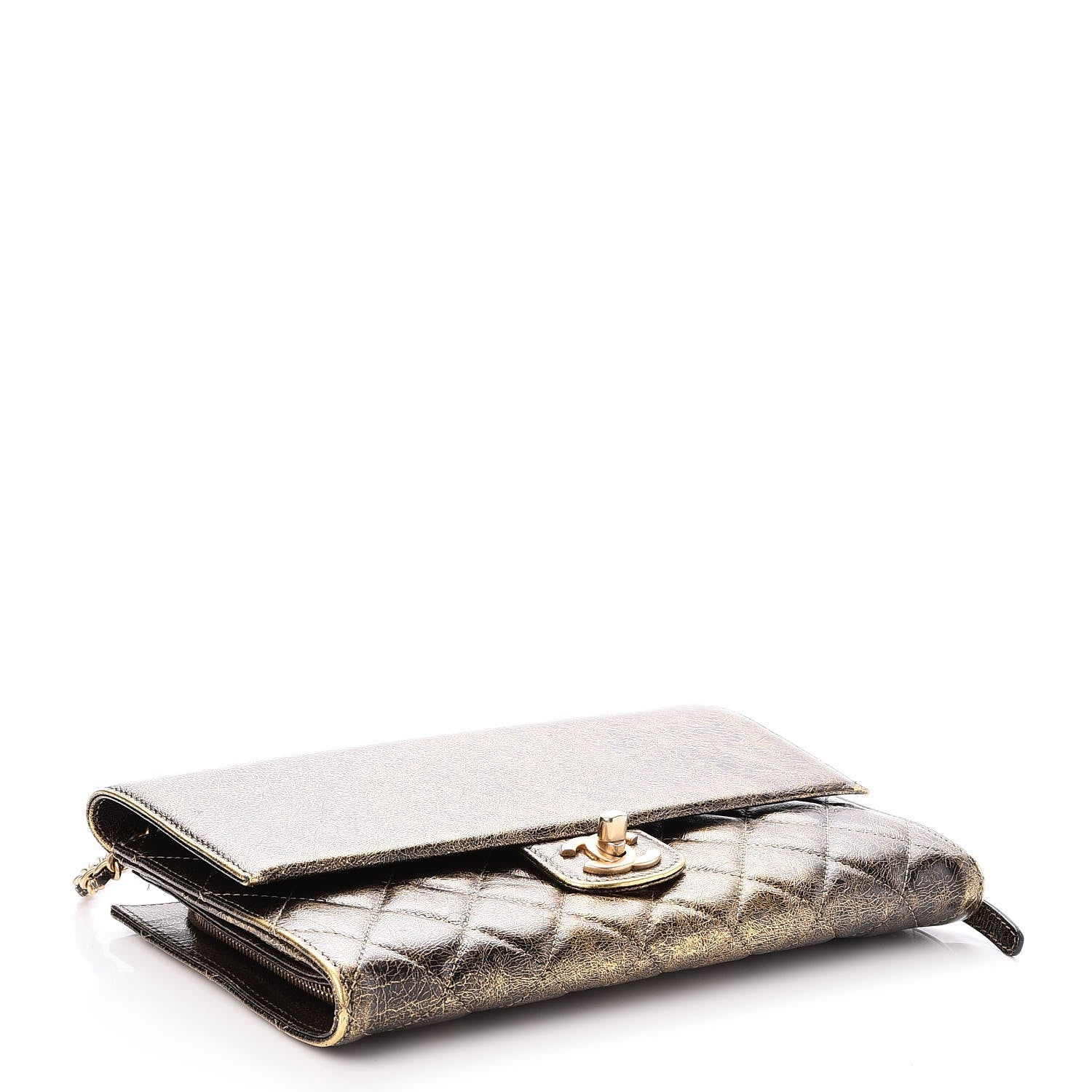 Chanel Cracked Metallic Calfskin Quilted Zip Away Chain Clutch Gold 4 of 7