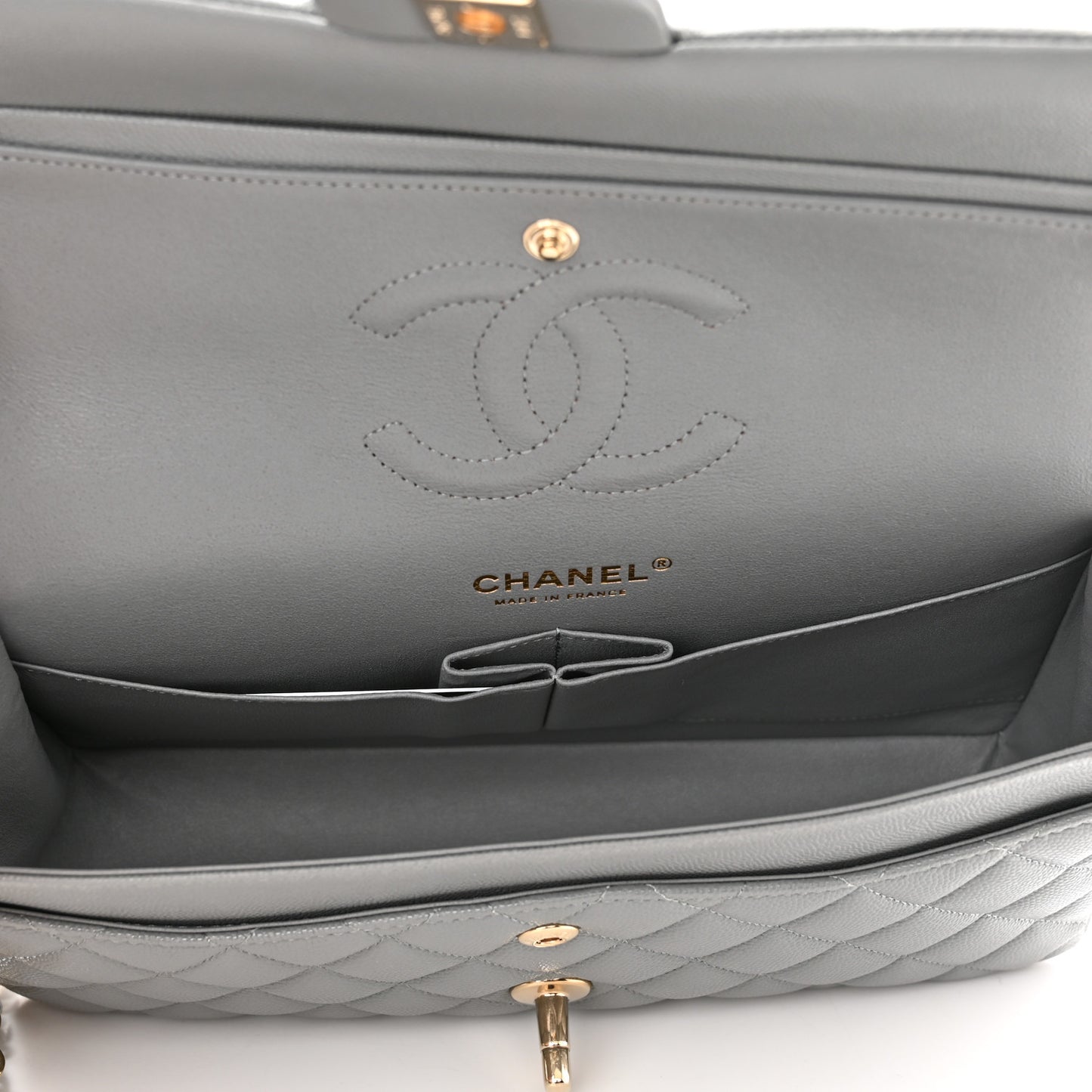 Caviar Quilted Medium Double Flap Grey