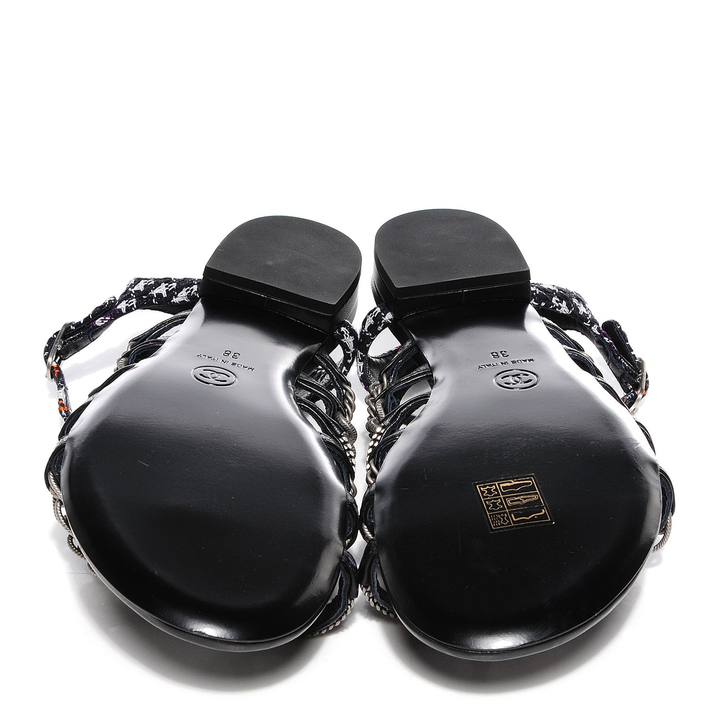 Tweed Chain Flat Sandals 38 Black