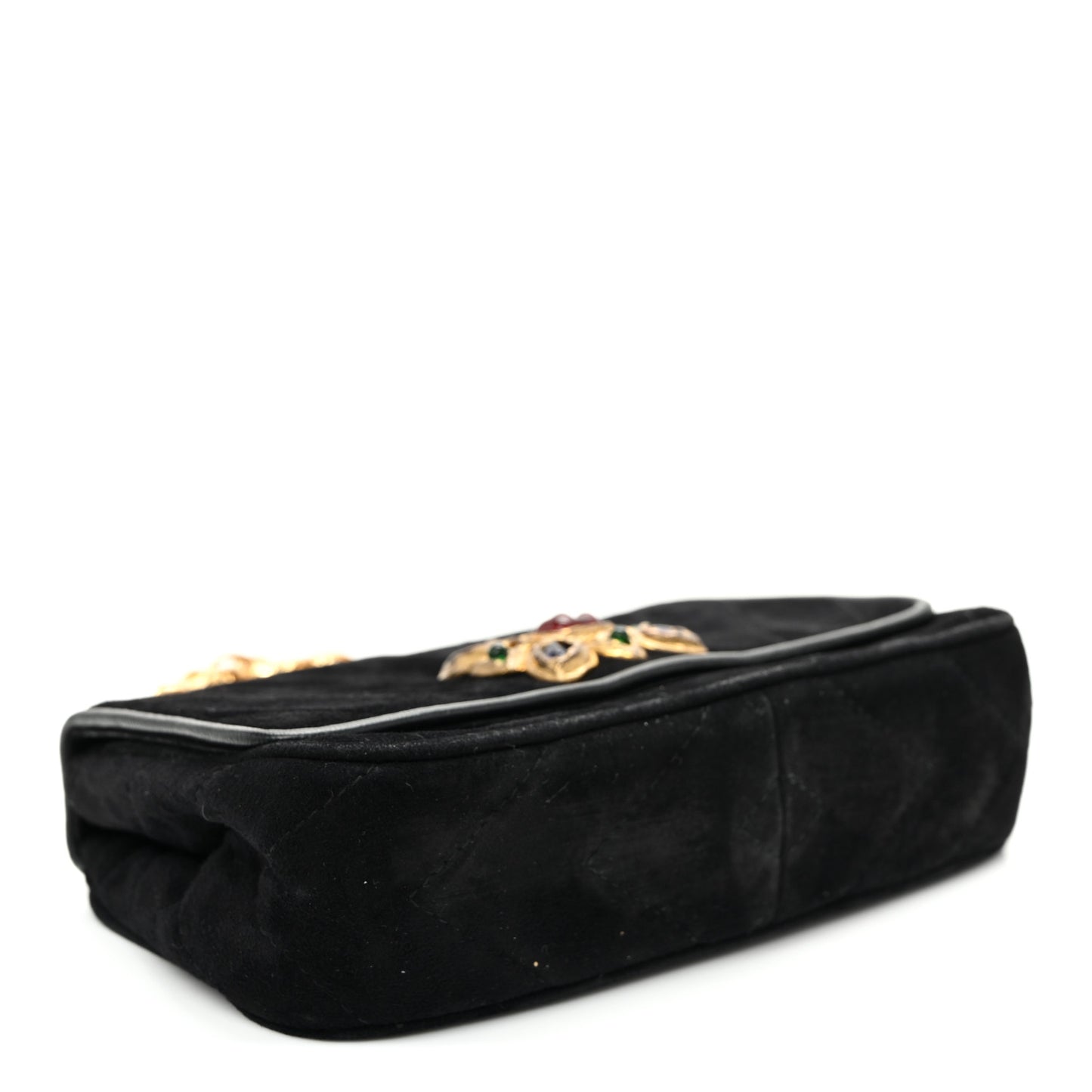 Suede Chevron Gripoix Quilted Flap Black