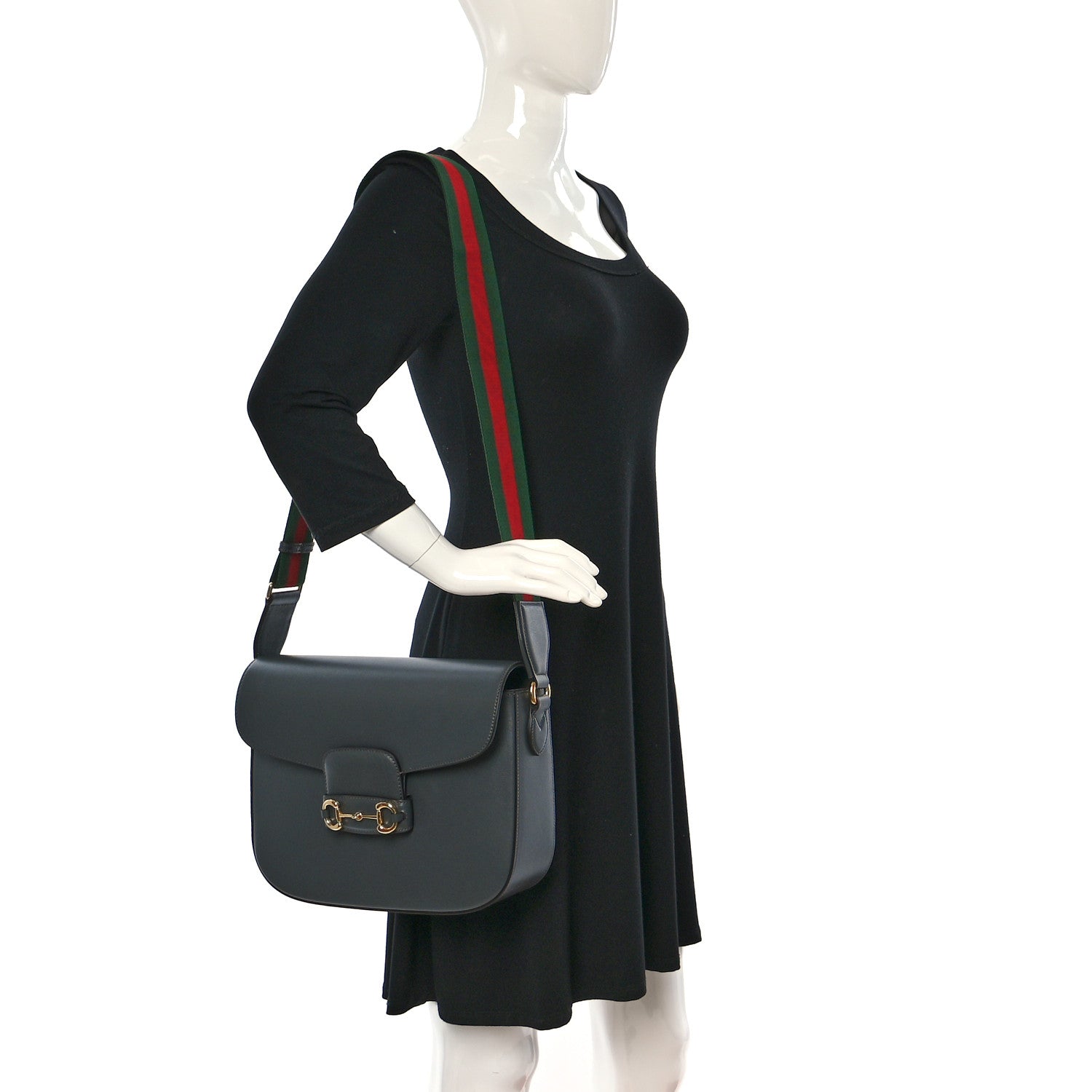 Gucci Azalea Calfskin Web Horsebit 1955 Shoulder Bag Graphite Grey 2 of 8