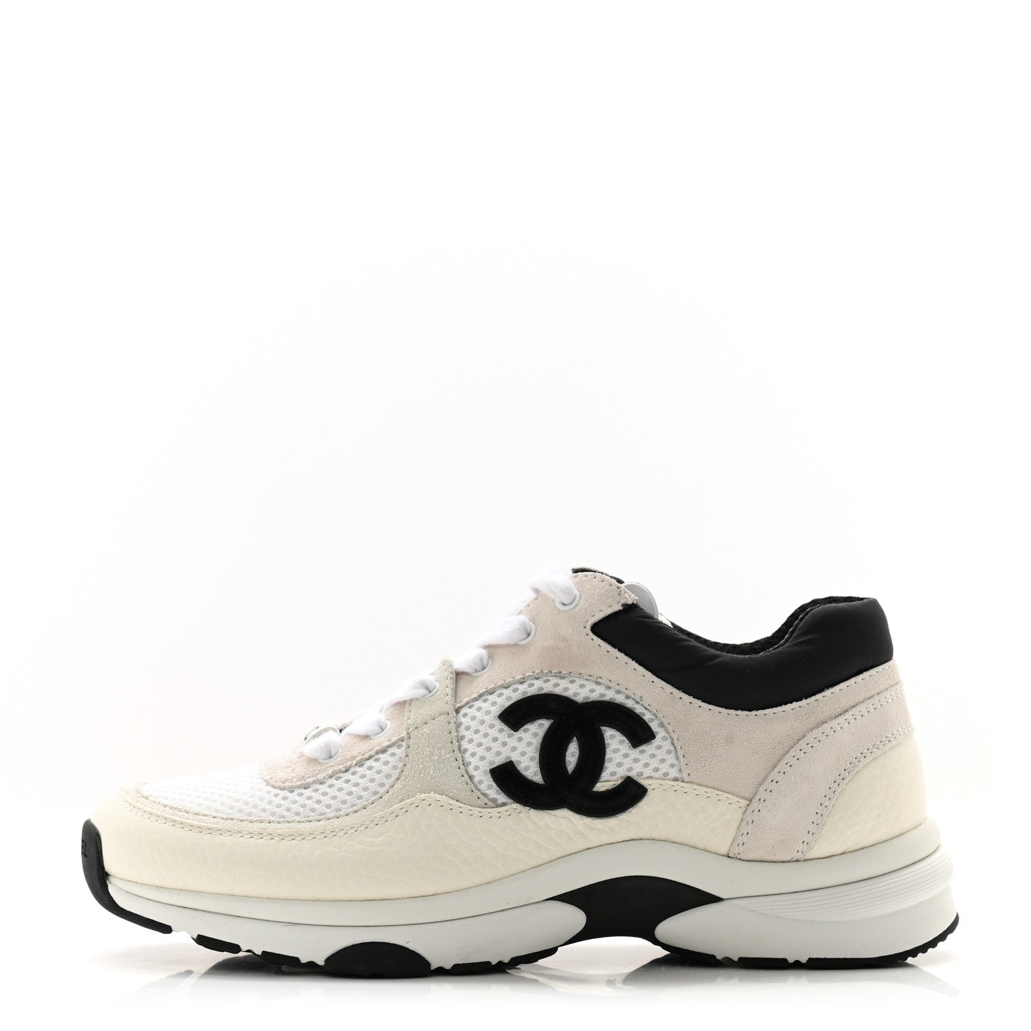 Chanel Mesh Suede Calfskin Grained Calfskin Womens CC Sneakers 36 White Black 1 of 12