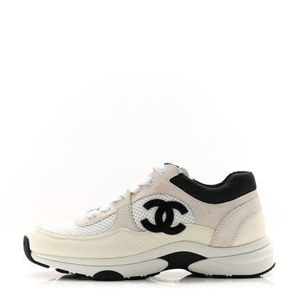 Chanel Mesh Suede Calfskin Grained Calfskin Womens CC Sneakers 36 White Black 1 of 12