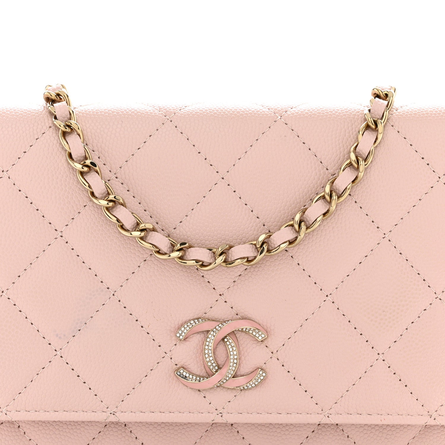 Chanel Caviar Quilted Crystal Enamel CC Wallet On Chain WOC Light Pink 8 of 12