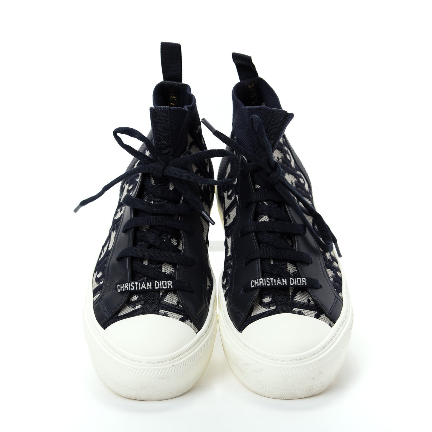 Technical Knit Calfskin Oblique Womens Walk'n Dior Mid Top Sneakers 38.5 Deep Blue