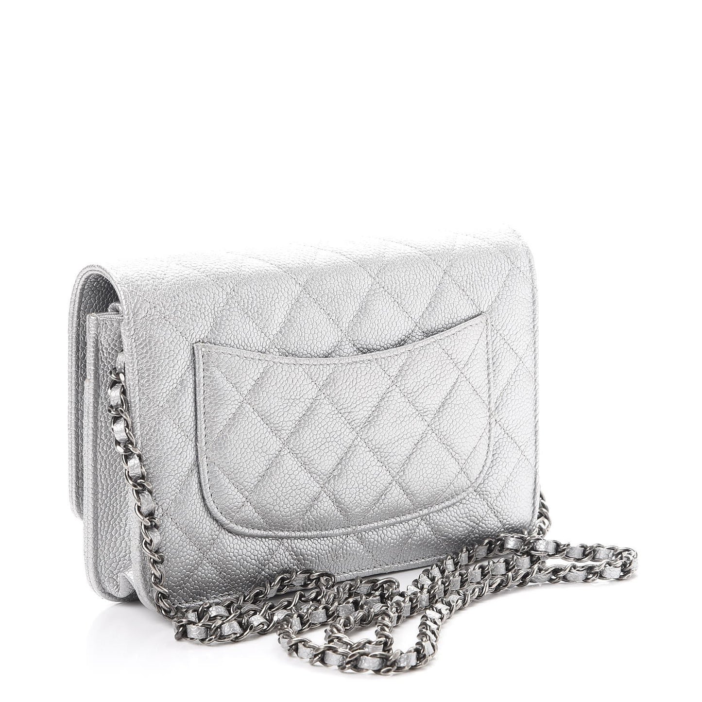 Metallic Caviar Quilted Wallet on Chain WOC Silver