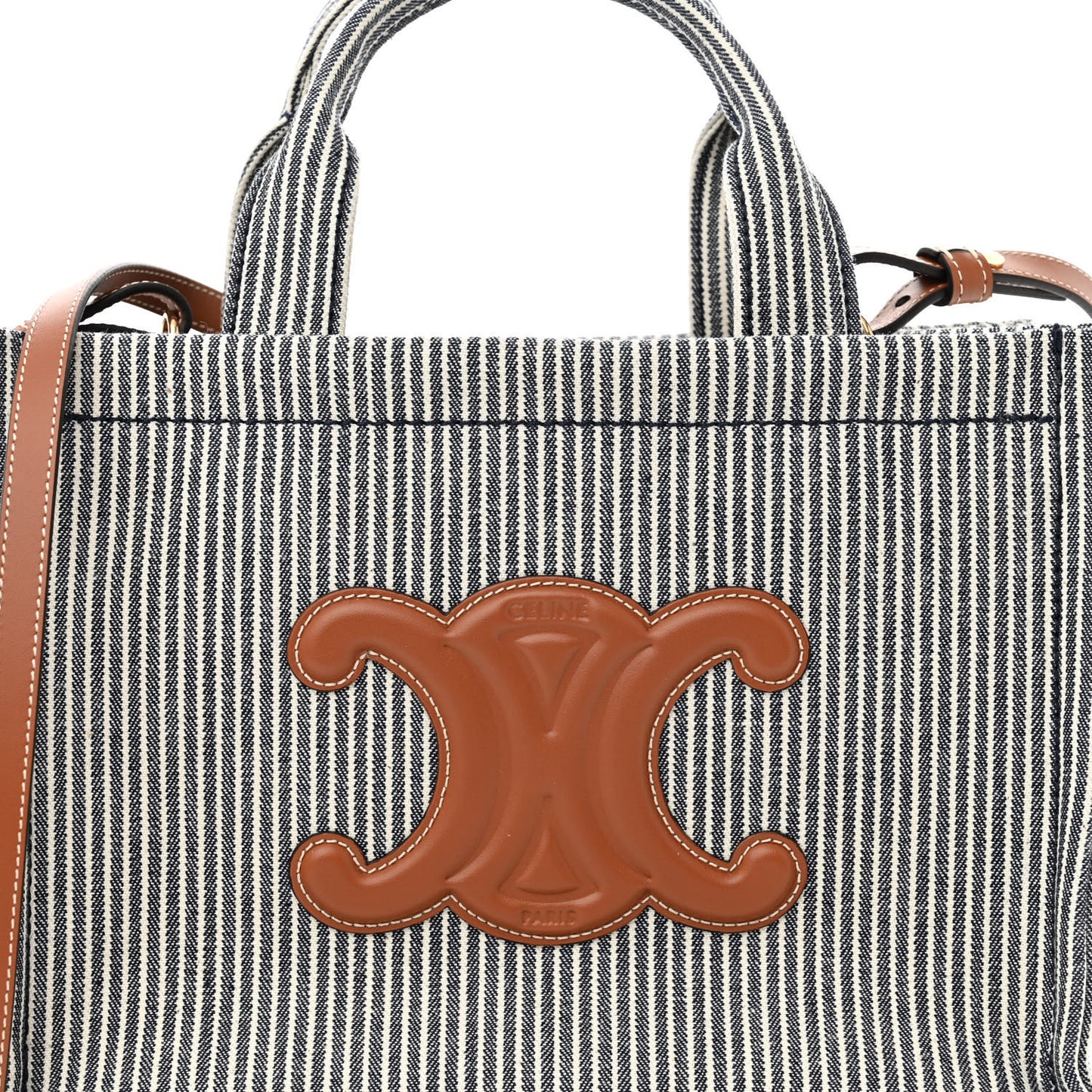 Canvas Calfskin Striped Triomphe Small Cabas Thais Navy Blue