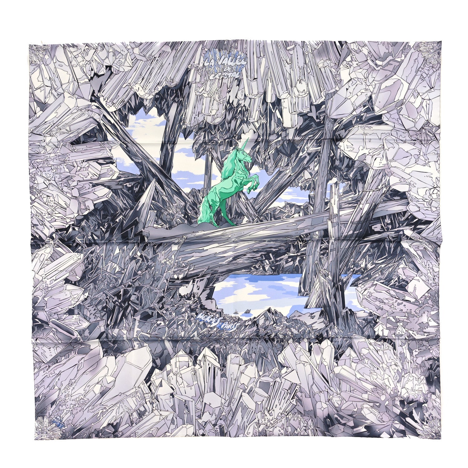 Hermes Silk La Vallee de Cristal 90 Shawl Gris Parme Menthol 1 of 3