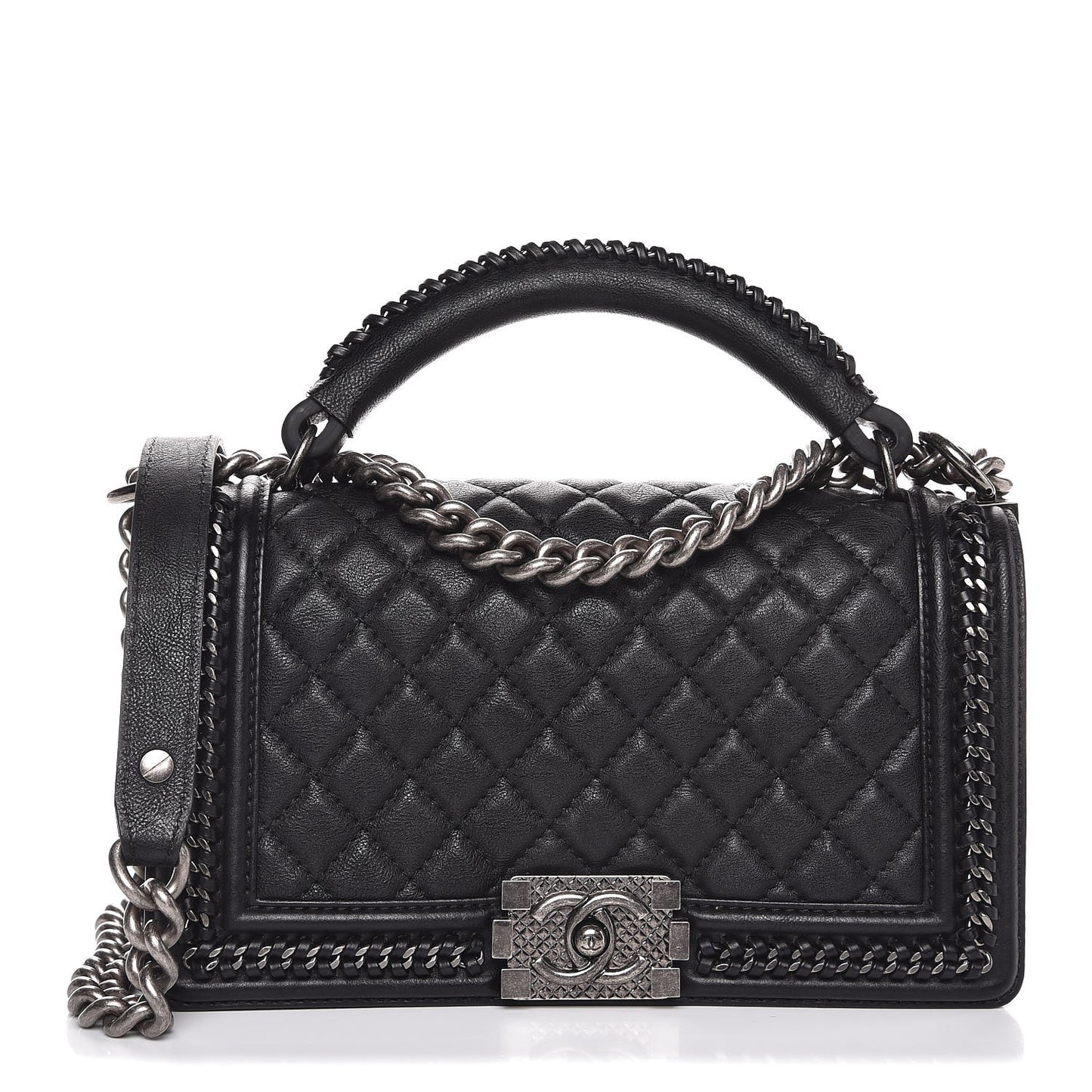 Calfskin Quilted Medium Boy Top Handle Flap Black