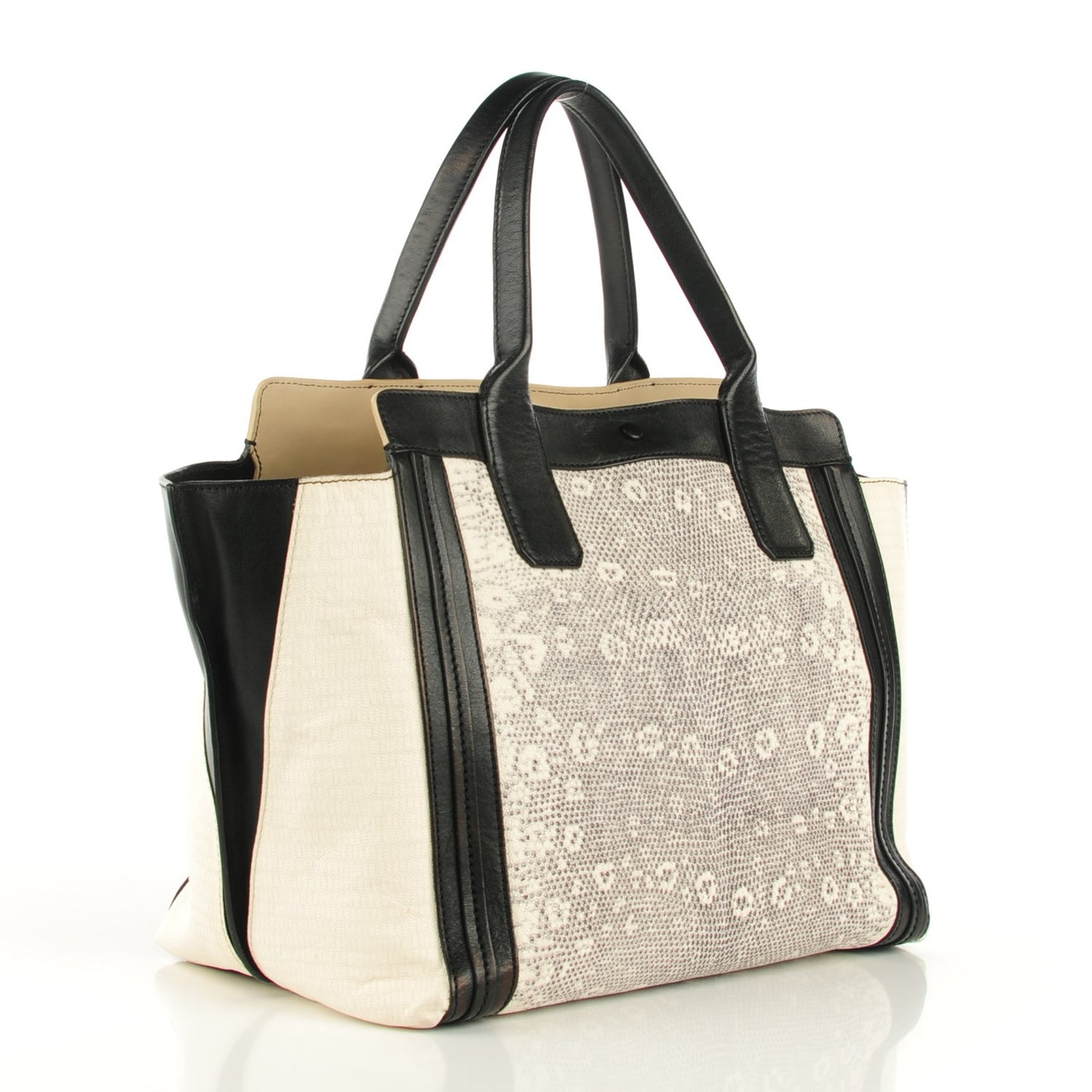 Grained Calfskin Lizard Embossed Mini Alison East West Tote Black White