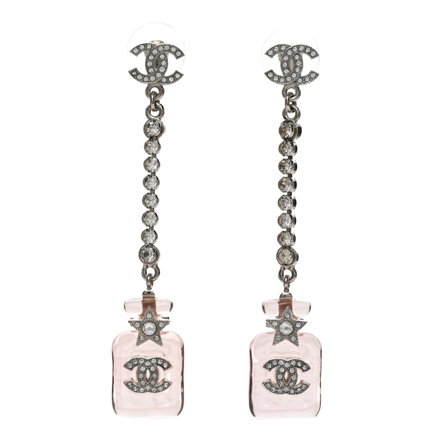 Resin Crystal CC Star Perfume Bottle Drop Earrings Silver Pink