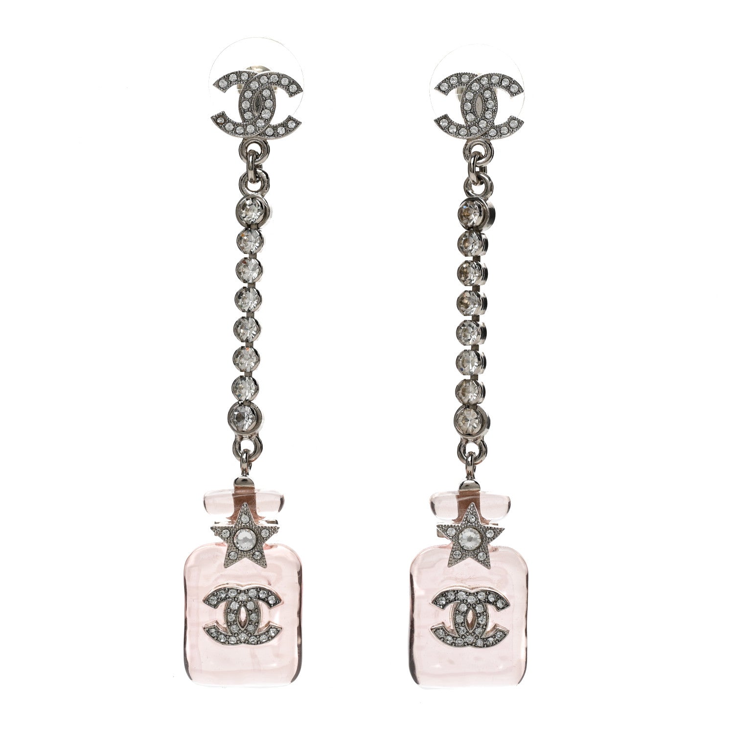 Chanel Resin Crystal CC Star Perfume Bottle Drop Earrings Silver Pink 1 of 4
