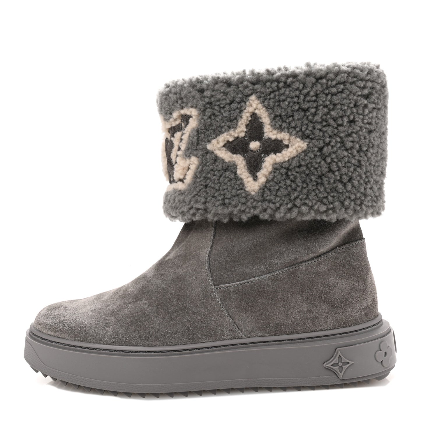 Suede Calfskin Shearling Snowdrop Flat Ankle Boot 37 Grey