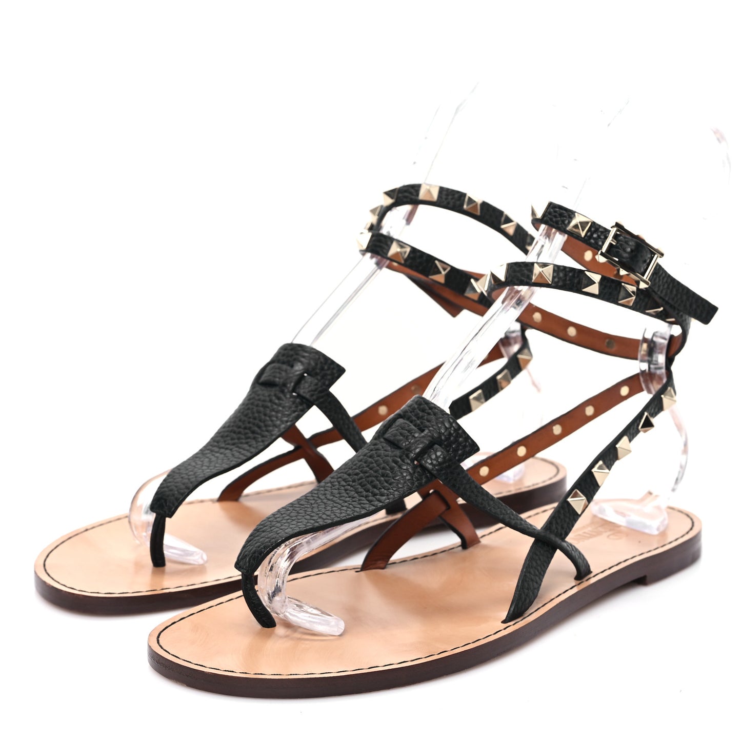 Calfskin Rockstud Ankle Wrap Flat Thong Sandals 39.5 Black