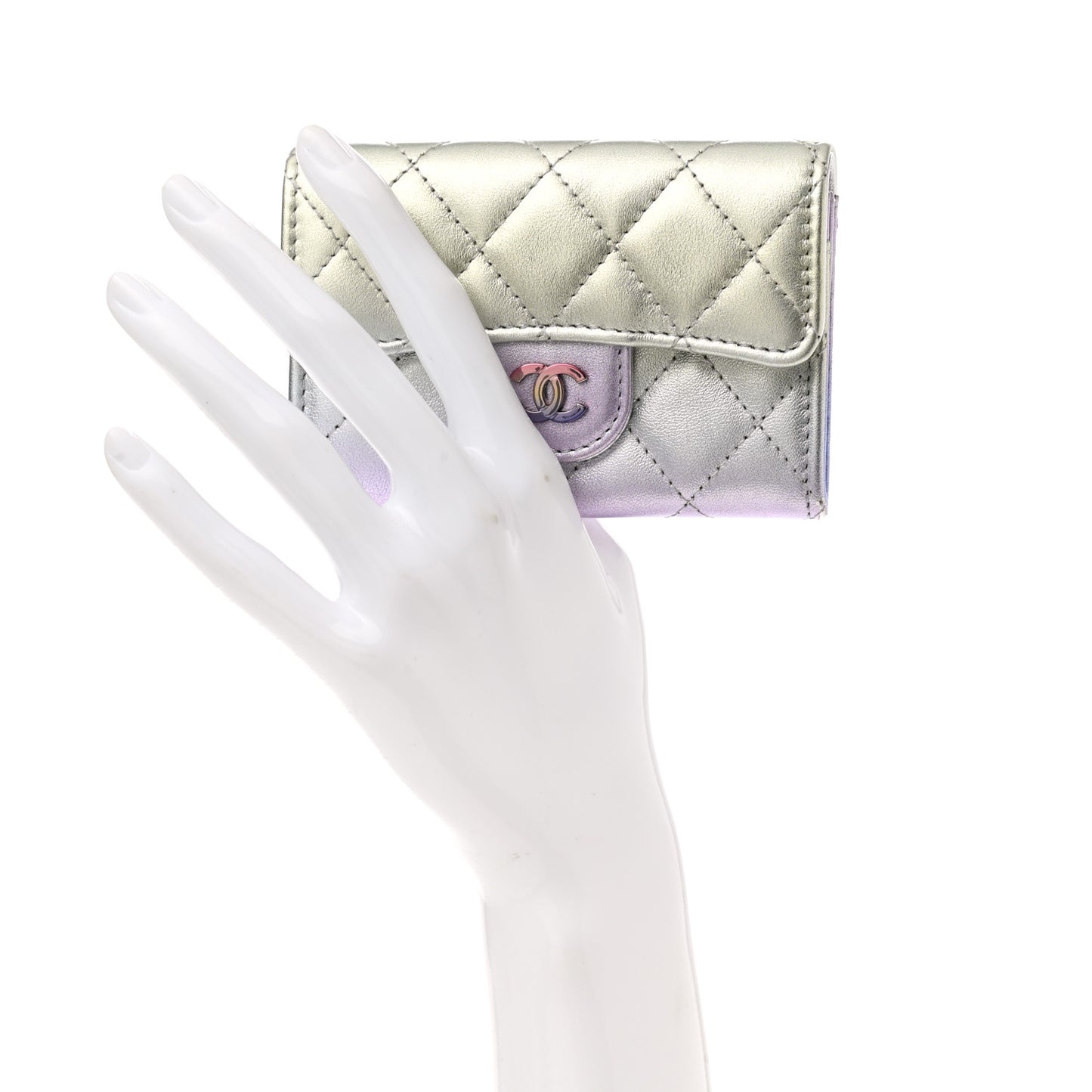 Gradient Metallic Calfskin Quilted Flap Card Holder Wallet Silver Blue Yellow Purple