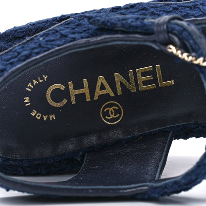 Chanel Silk Linen Tweed Quilted CC Platform Sandals 37 Navy Blue Gray 7 of 9
