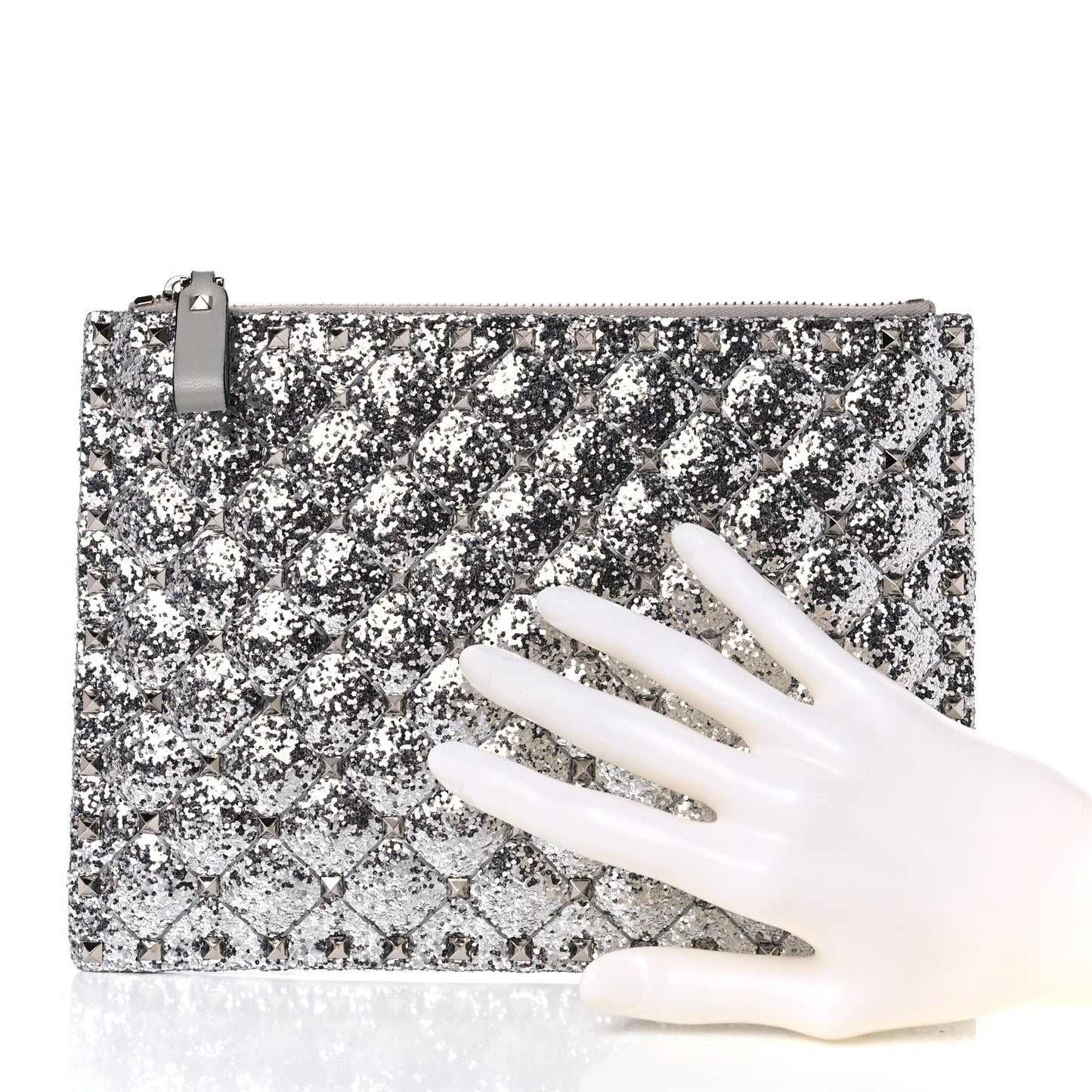Glitter Rockstud Spike Zip Pouch Silver