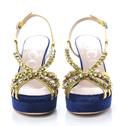 Gucci Velvet Nappa Crystal Zephyra Slingback Platform High Heel Sandals 36.5 Blue Gold 2 of 10