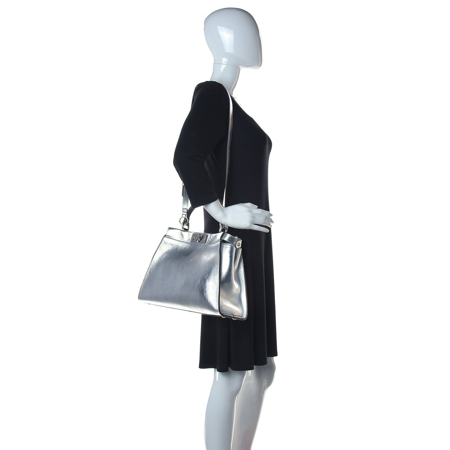Fendi Vitello Catalan Mirror Medium Peekaboo Iconic Satchel Argento 2 of 14